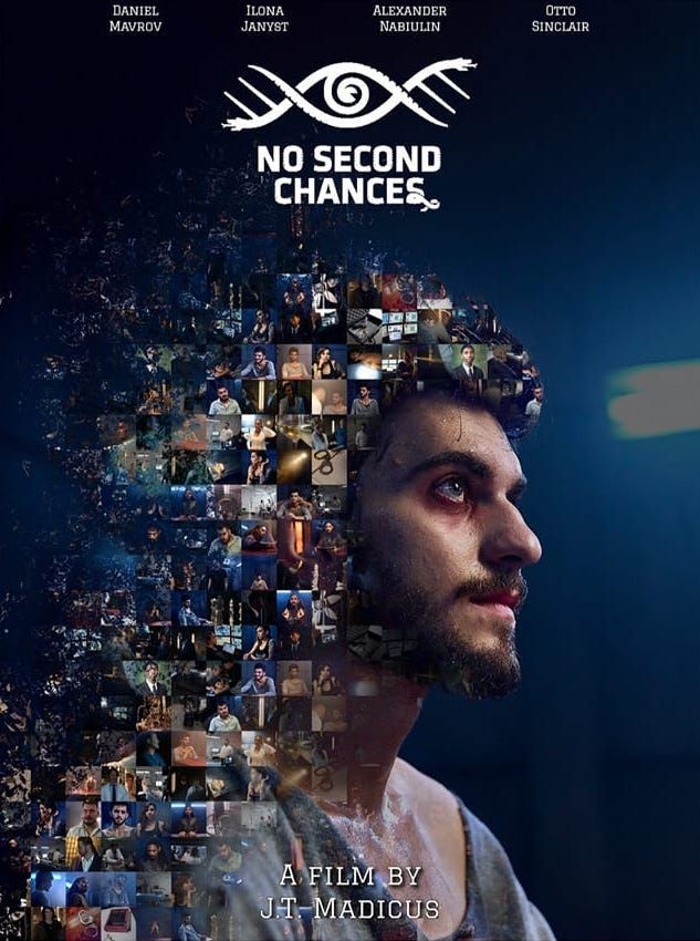 Movie poster for 'No Second Chances' featuring a man with mosaic photo effects and film credits.